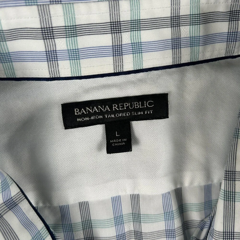 Banana Republic Dress Shirt Mens 16-16.5 L Blue Plaid Slim Fit Non Iron